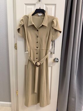 Calvin Klein Taupe Belted Button-Front Midi Dress